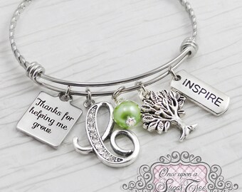 Teacher Jewelry, Bangle Bracelet- Teacher Appreciation Gift-Thank you for helping me grow, Tree charm, Inspire,Charm Bracelet, charm, Wire