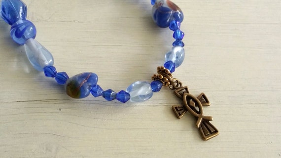 Girls Ichthus Bracelet, Girls Blue Beaded Bracelet, Jesus Fish, Religious Bracelet, Girls Blue Bracelet, Faith Jewelry