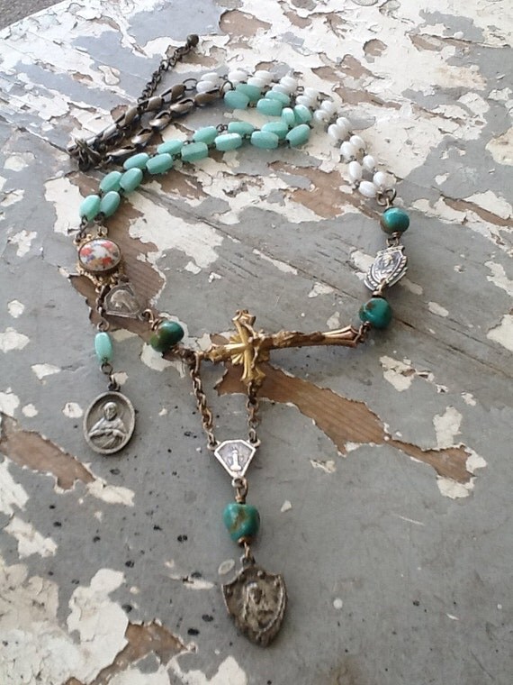 Assemblage Necklace Rustic Metal Rhinestone Rosary Religious