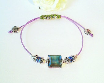 Bracelet Coulissant Parme / Vert Anis Macramé et Cristal / Plaqué argent - Crystal macrame bracelet / Silver plated