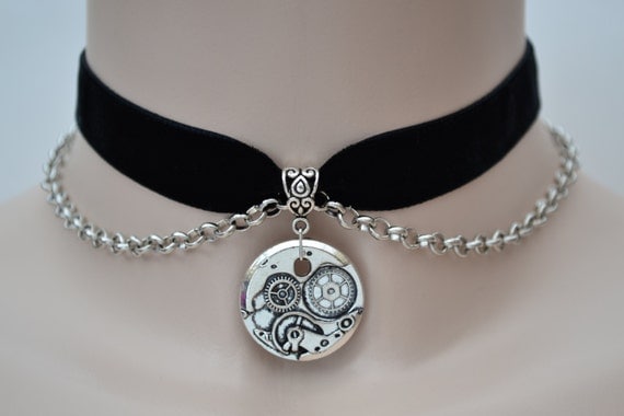 Cog GEAR Charm With Chain BLACK 16mm Velvet Ribbon Choker Necklace -as... or choose another colour velvet :) by TwirlyTrinkets steampunk buy now online