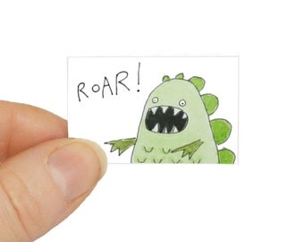 Monster Birthday Card, Green Dinosaur Miniature Card & Tiny Envelope, Dinosaur Birthday Card, Miniature Blank Greeting Card, Poosac
