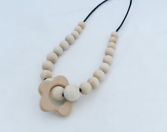 Wooden Bead Teething Necklace with Flower Ring