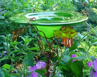 GIFTS for MEN, stained glass Butterfly FEEDER, Chartreuse Green, copper, garden stake