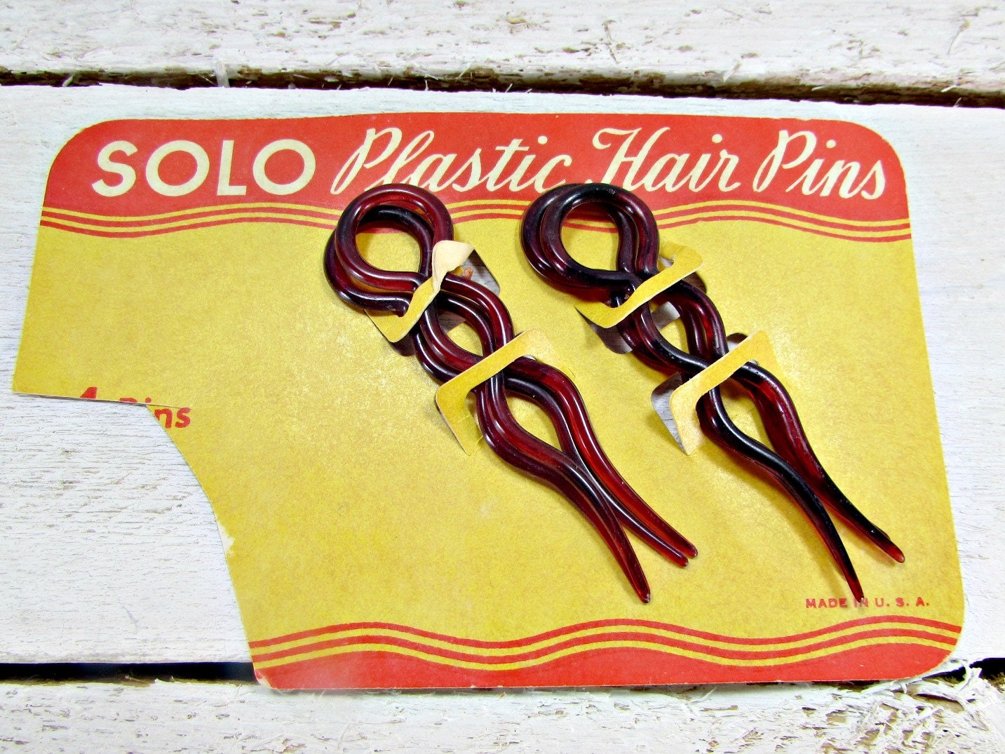 Vintage Celluloid Plastic HairPin Set SOLO Large Cherry Red
