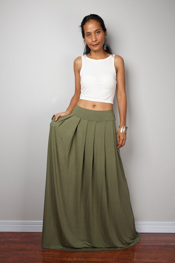 Maxi Skirt Khaki Green Skirt Long Soft Khaki Skirt : Urban