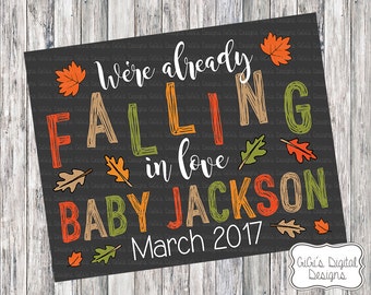 Fall Pregnancy Announcement, We're already falling in love chalkboard Sign, Baby Announcement, pregnancy Announcement, Fall leaves, Digital