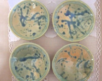 Pottery Desert Bowl, HandBuilt Porcelain Chef's Helper, Condiment Server, Sauce Dipper, Pale Orange, Forest Green, Light Green