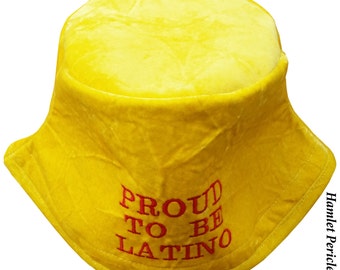 Yellow Crushed Velvet Bucket Hat | Proud To Be Latino Embroidered Hat | Crushed Velvet Hat | Yellow Hat | Sun Hat by Hamlet P. | HP31116a