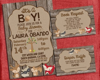 Woodland Baby Shower It's A Boy Theme Baby Shower Set -Invite + Diaper Raffle Ticket + Book Request - I design you print