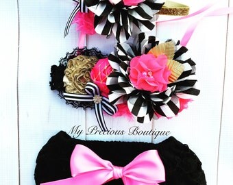 Kate Spade inspired birthday outfit, ruffle diaper cover and headband, black ruffle bloomers, white black striped, hot pink and gold outfit
