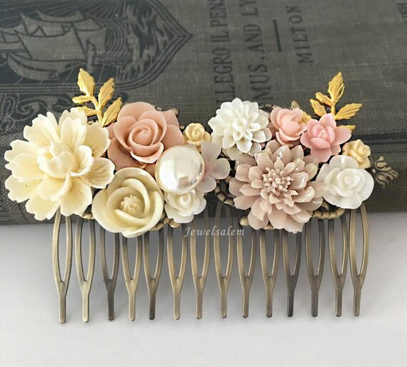 Pink Wedding Hair Comb Gold Bridal Hair Piece Blush by Jewelsalem