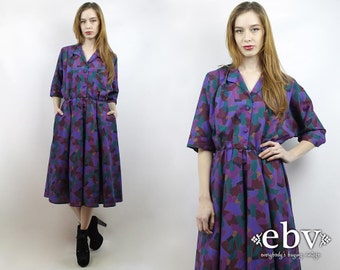 Vintage 80s Purple Graphic Midi Dress S M Day Dress Work Dress Graphic Dress Purple Dress Shirtdress