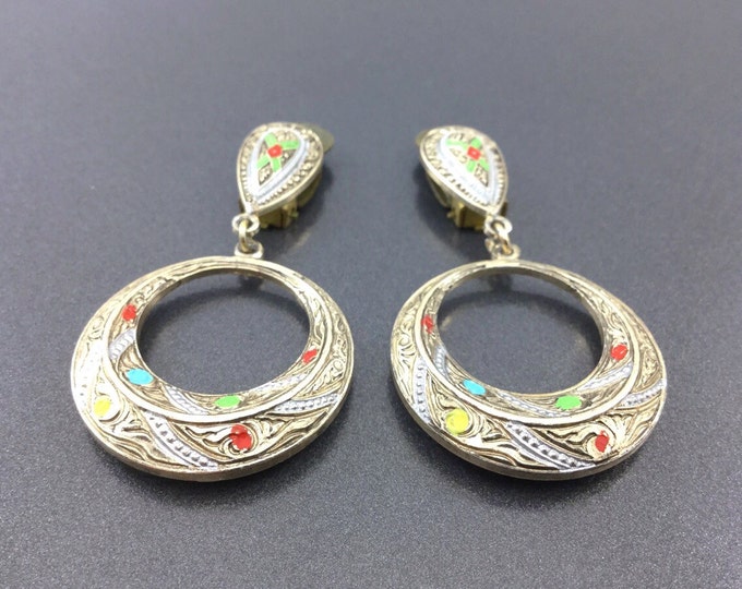 Vintage Spanish Colorful Damascene Earrings, Dangly Earrings Jewelry. Tourist Earrings, Spain Toledoware Earrings. Circle earrings.