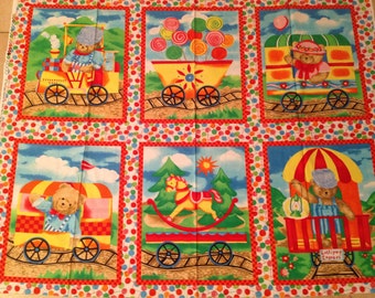 Lollipop Express Train Teddy Bear Poly Six Part Cotton Fabric Cot/Book Panel