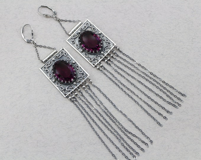 Chain earrings rectangular earrings burgundy earrings antique earrings Garnet jewelry Quartz Rhodolite Red Boho Earrings Sterling Silver