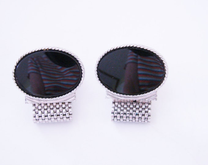 60s Retro Vintage Black Glass Silver Tone Mesh Wrap Cuff Links / Wedding / Mens Jewelry / Jewellery