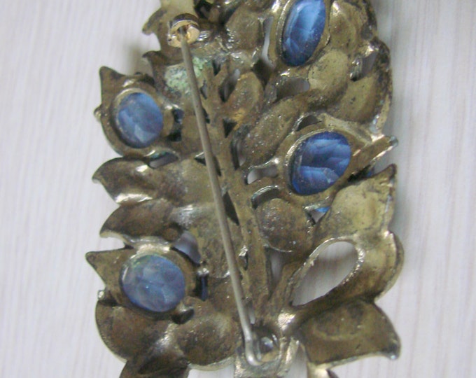 Antique Art Deco Floral Pot Metal Brooch / Faux Sapphire Blue Faceted Lucite Stones / Vintage / Jewelry / Jewellery