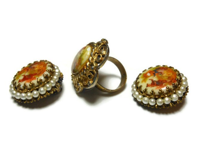 Transferware cameo ring and earrings, 1950's West Germany set, adjustable ring, clip-on earrings, gold tone, seed pearl, troubadour minstrel