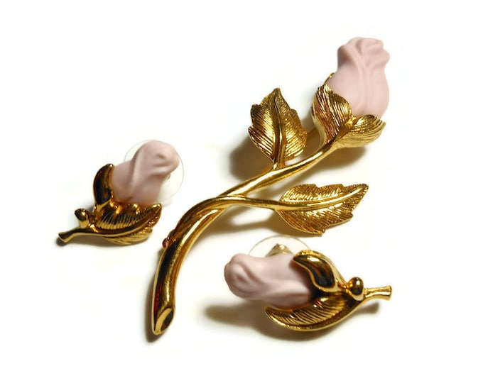 FREE SHIPPING Avon brooch and earrings, pink ceramic rose buds with gold stem and finely detailed leaves, jewelry set, pierced stud earrings