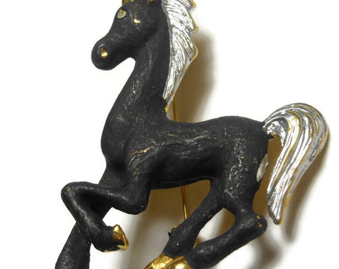 FREE SHIPPING Black horse brooch pin, flat black enamel horse with glossy silver gold hair, glossy gold ears hoofs, rhinestone eye, small