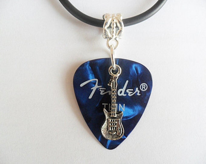 Fender Guitar pick necklace, blue, with guitar charm that is adjustable from 18" inch to 20" inch.