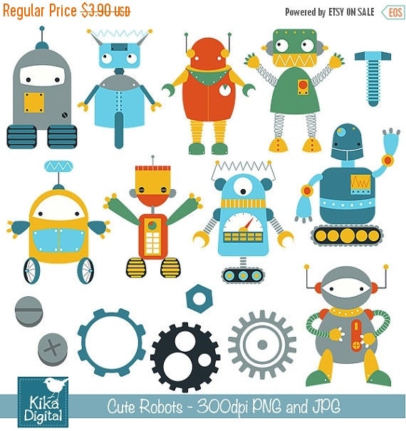 60%OFF Cute Robots Digital Clipart Scrapbooking card by DigiKika