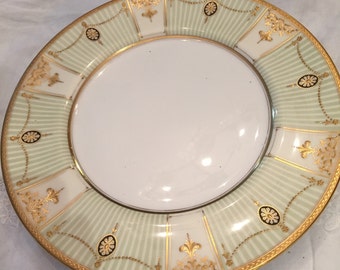 Antique Plates/Royal Doulton/5 Dinner Plates/Neo Classical/Green Stripes/22Kt Raised Gold Embellishments/ Circa 1914 /Display / Wedding Gift