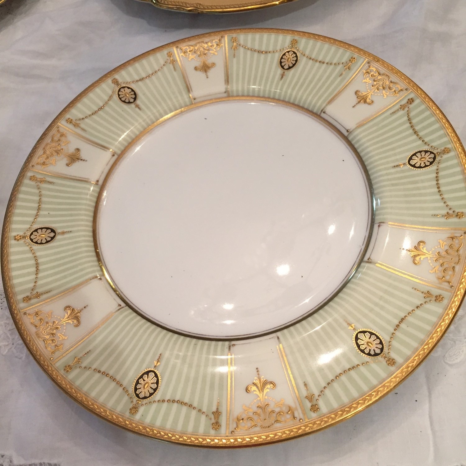 Antique Plates/Royal Doulton/5 Dinner Plates/Neo Classical/Green Stripes/22Kt Raised Gold Embellishments/ Circa 1914 /Display / Wedding Gift