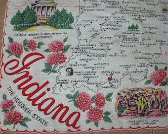 Indiana State Map Souvenir Tourist Handkerchief Circa 1950's