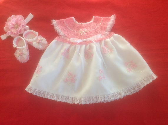 Handmade Crochet Baby Girl Dress Set Pink & White Flower