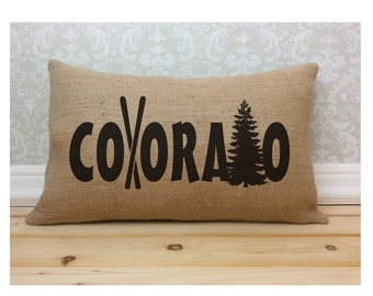 Colorado Pillow, Ski Poles, Western Decor, State Pillow, Burlap Pillow, Oblong Pillow, Lumbar Pillow, Long Pillow, Skiing Home Decor