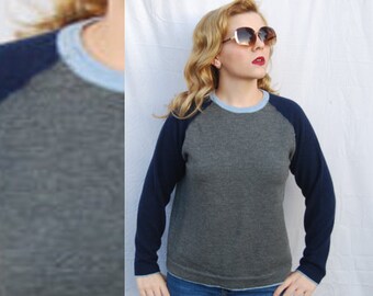 BASEBALL Sweater Knit Blue Long Sleeve Ringer Sweater