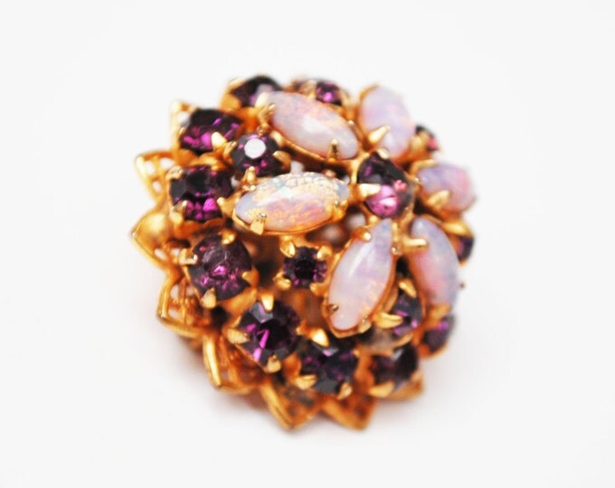 Purple rhinestone brooch - Flower floral - art glass opalescent -domed pin