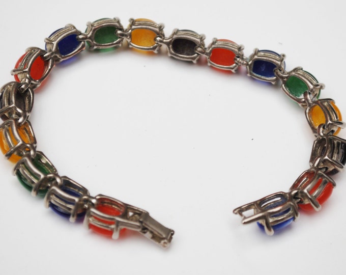 Colorful Cats Eye Link Bracelet - Fiber optic glass cabochon - Silver Plated