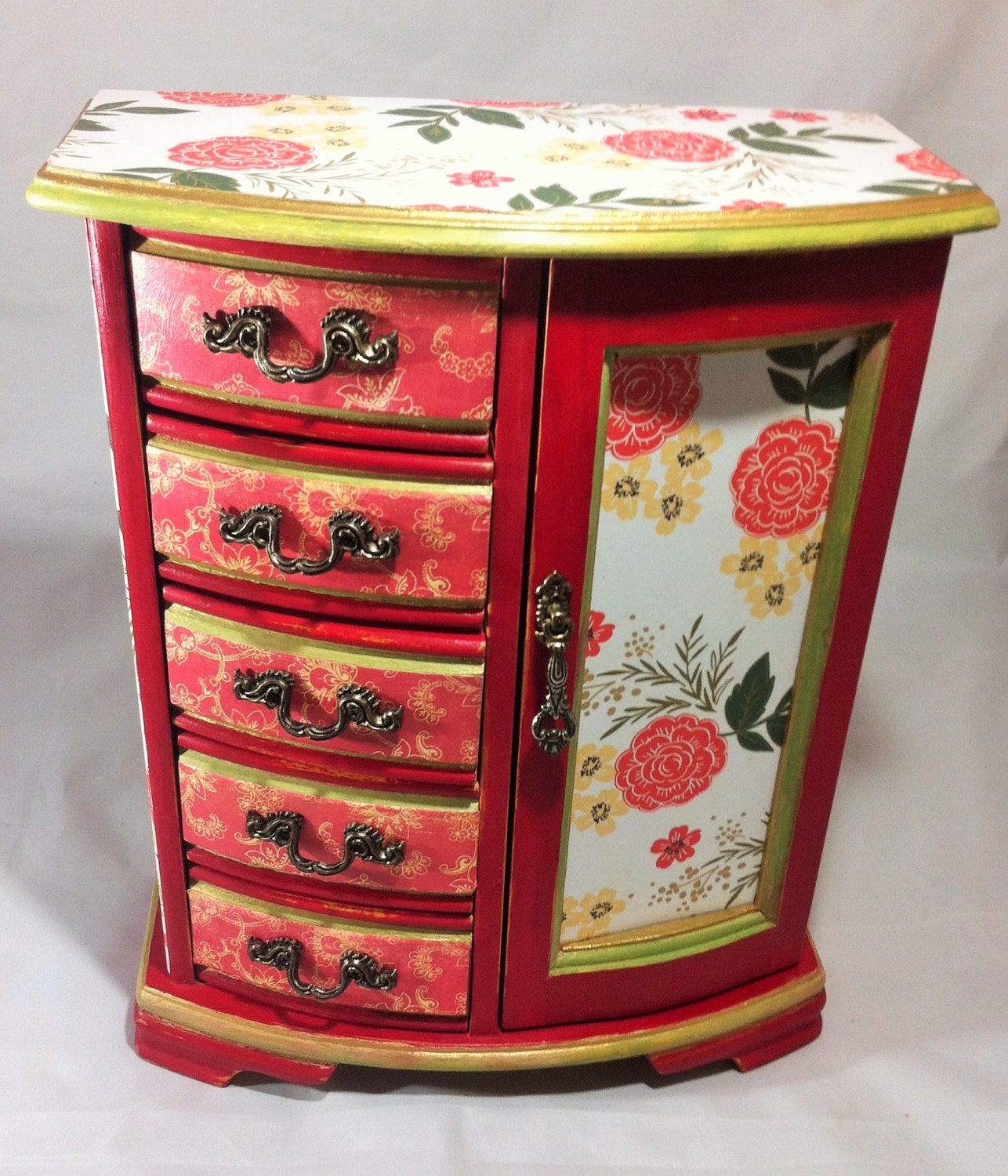 Large Red Jewelry Box Armoire Vintage Floral Jewelry Box Red