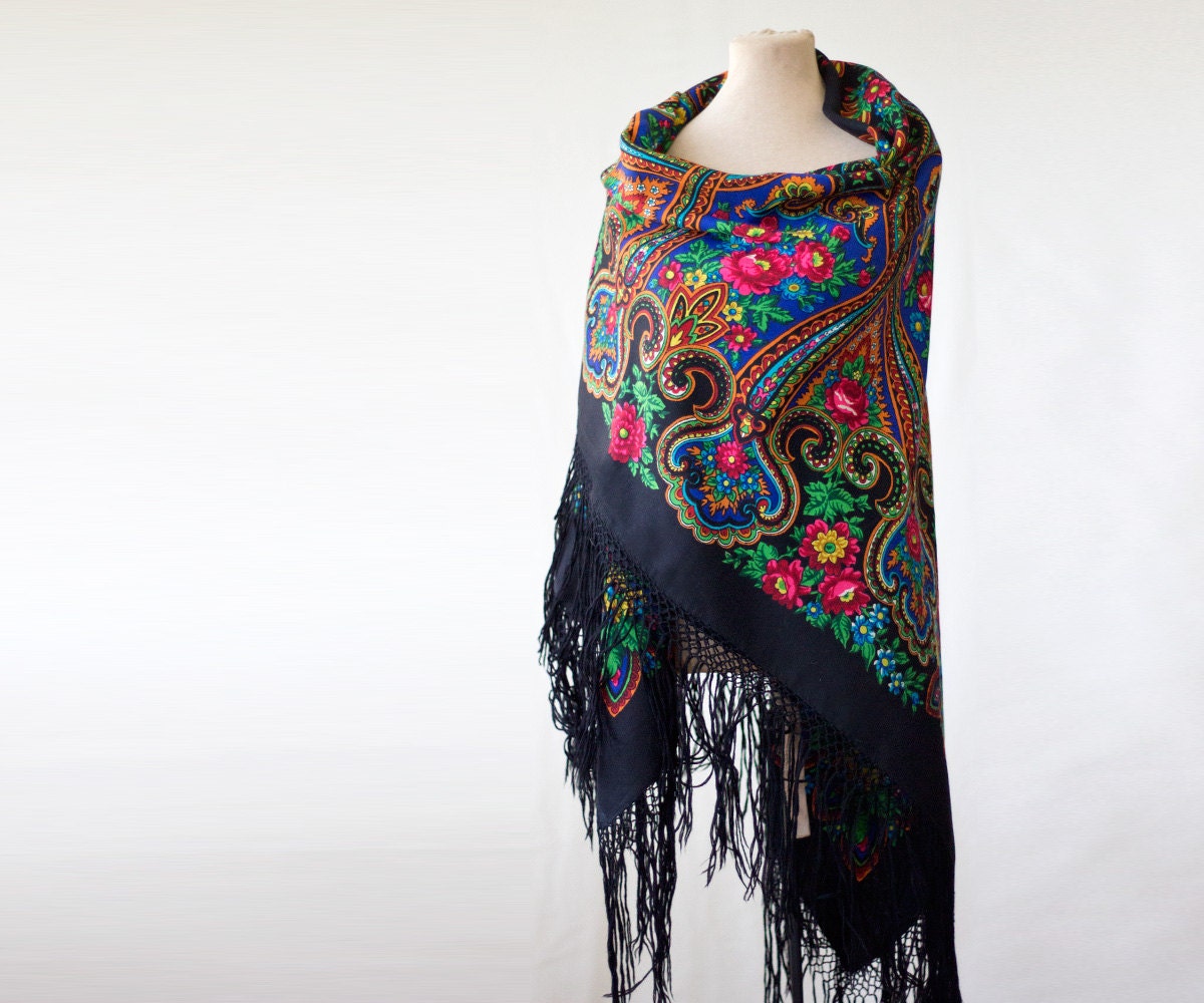 blue Russian shawl with green and pink oversized shawl