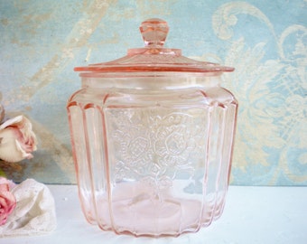 Pink Depression Glass Jar With Lid Mayfair Open Rose/Candy Jar/Wedding Decor/Collectable/ Shabby Chic