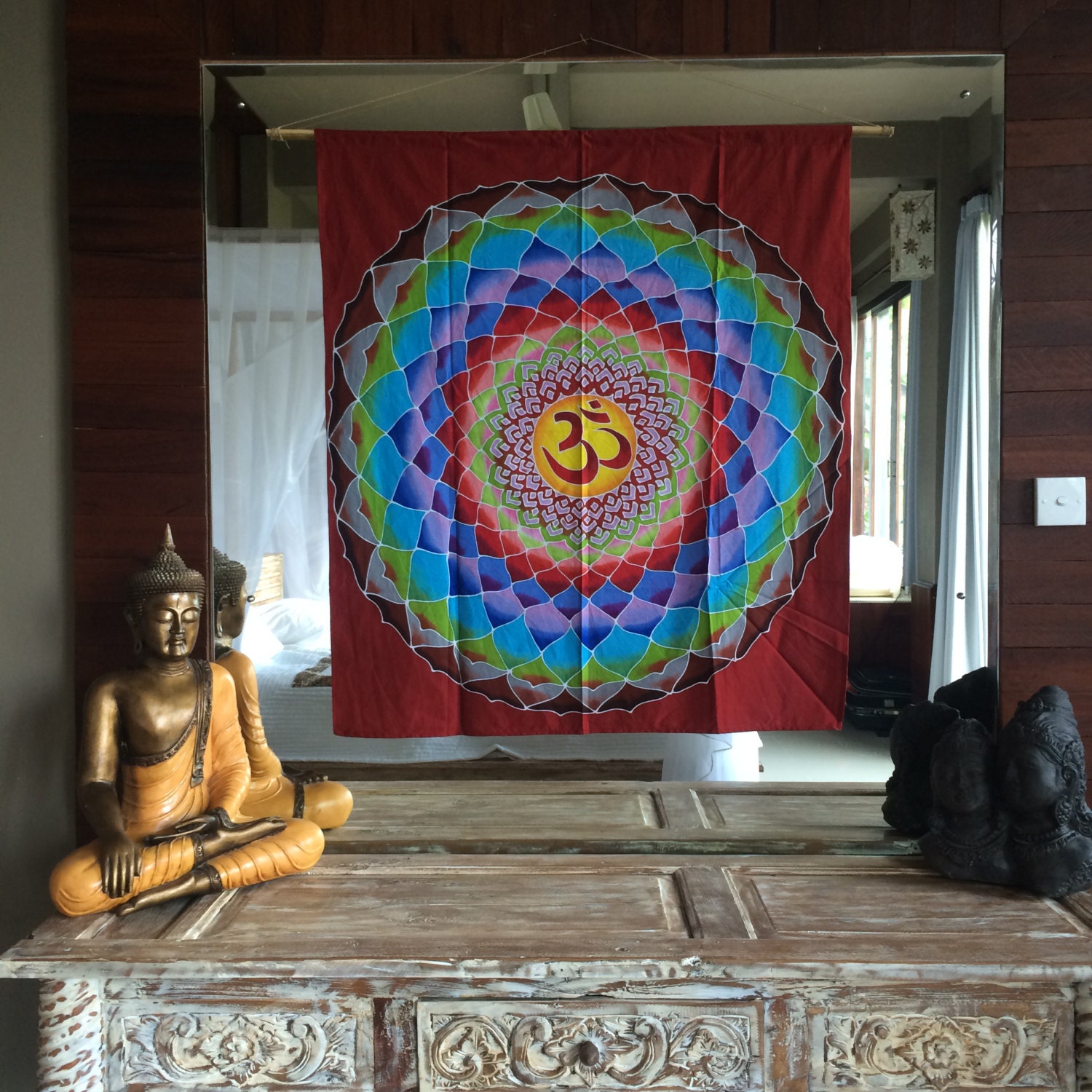 Lotus om batik handpainted wall hanging yoga decor by Mownart