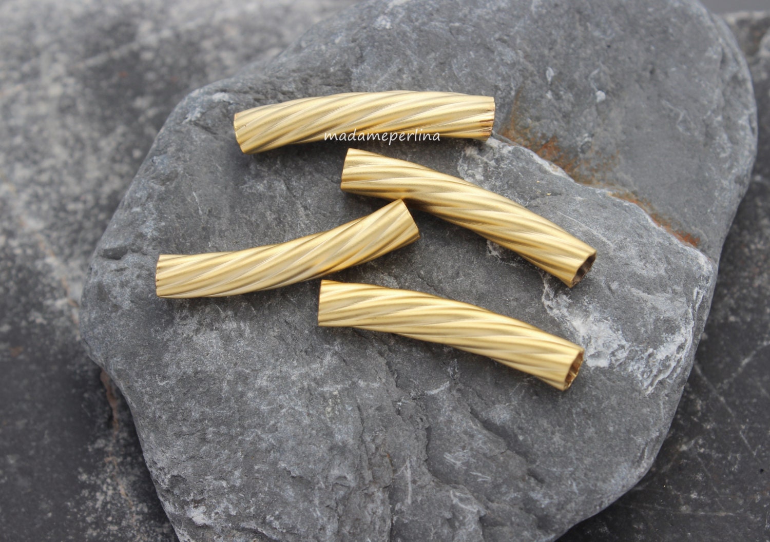 4 Curved Tube Metal spacers 30mm twisted 24k matte Gold