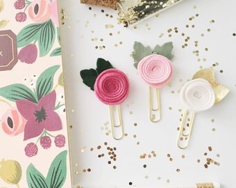Set of 3 Rosettes Paper Clips || Flower Paper Clips || Planner Accessories || Felt Flower Clips || Planner Paper Clip || CHOOSE YOUR COLORS