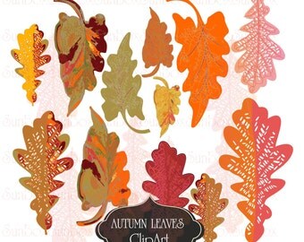 Autumn Leaves Brown Red Yellow Burned Orange Green Olive Green Pastel Pink Leaves Set of 12 Fall Autumn Leaves Clipart Images 5" H x 2.2" W