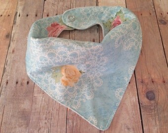 Vintage Floral Bandana Bib - Blue Flower Dribble Bib - Baby Girl