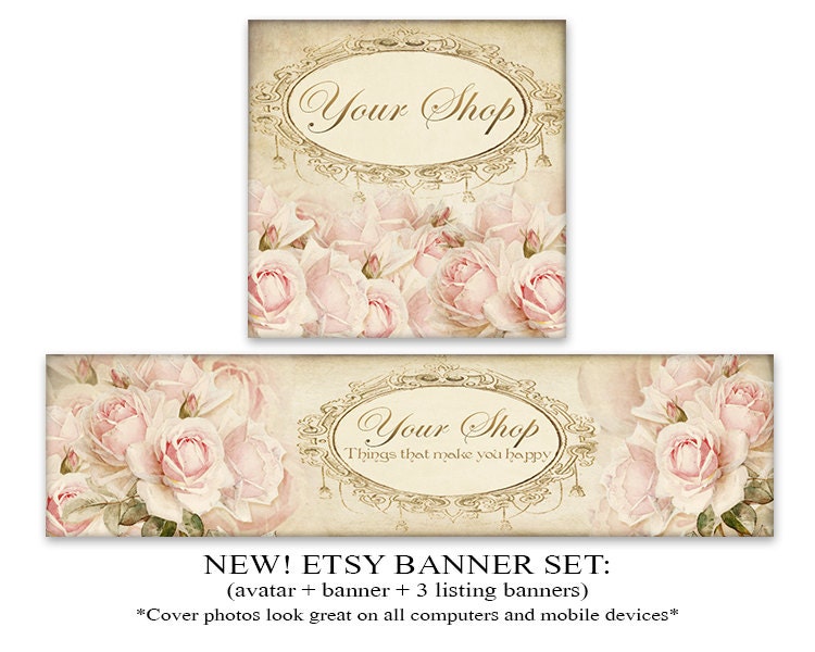 New Vintage Roses Etsy Banner Set Etsy Cover 1200x300 Banner