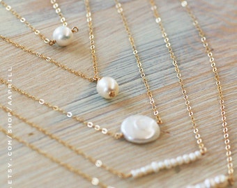Pearl Bar Necklace, Simple Pearl Necklace, Pearl and Gold Bar Necklace, Pearl Necklace, Straight Pearl Bar Necklace, gold or silver