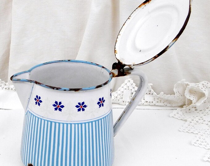 Antique French Blue Chippy Patterned Enamelware Pitcher, Enamel Jug Vase, Cottage Kitchen, Farmhouse French Country, Retro, Shabby Chic Antique French Blue Chippy Patterned Enamelware Pitcher, Enamel Jug Vase, Cottage Kitchen, Farmhouse French Country, Retro, Shabby Chic