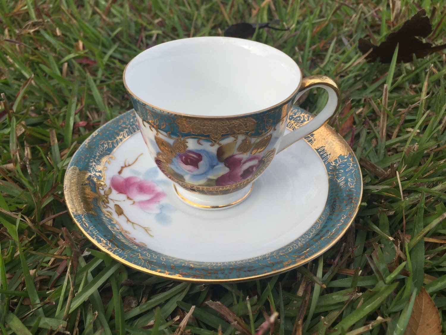 Gold and Turquoise Porcelain Hand Painted Demi Tea Cup and