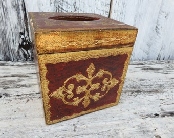 Antique Vintage Florentine Florentia Wooden Tissue Box Holder Italy Italian Red Gold Kleenex