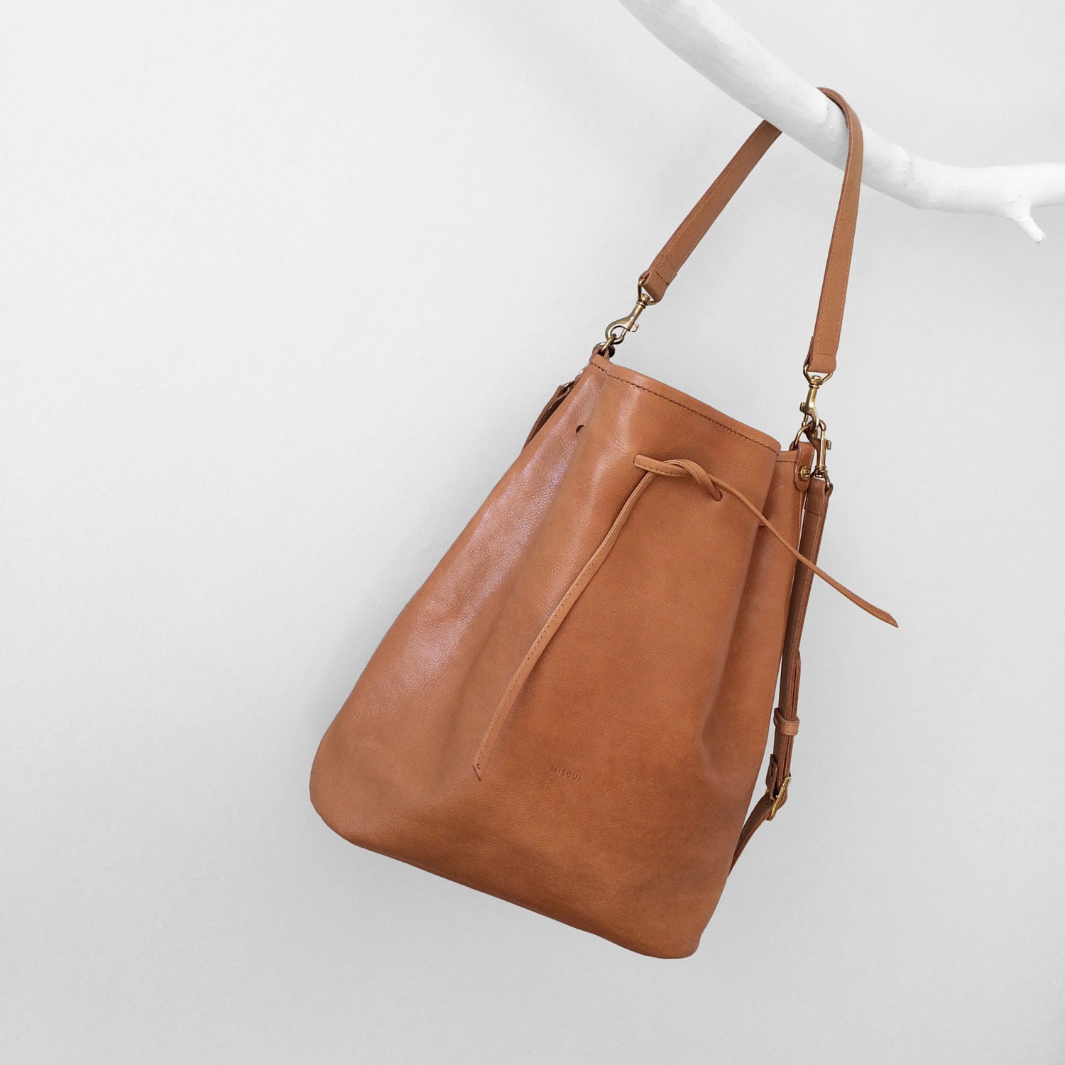 Unique Camel bucket bag brown leather everyday bag carry