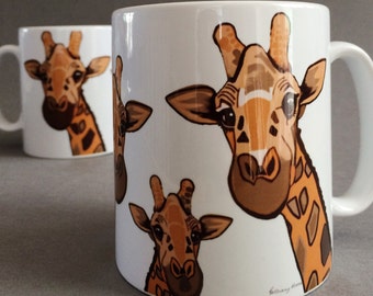 Giraffe Mug. A family of inquisitive giraffes on a white mug. Gifts for giraffe lovers